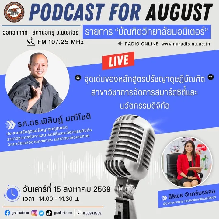 ขอเชิญรับฟังรายการ บัณฑิตวิทยาลัยมอนิเตอร์ หัวข้อ จุดเด่นของหลักสูตรปรัชญาดุษฎีบัณฑิต สาขาวิชาการจัดการสมาร์ตซิตี้และนวัตกรรมดิจิทัล
