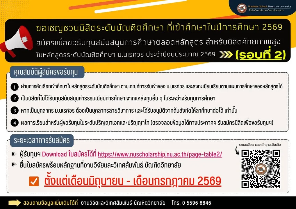 ประกาศรายชื่อผู้ได้รับทุนสนับสนุนการศึกษาตลอดหลักสูตร สำหรับนิสิตศักยภาพสูง ประจำปีงบประมาณ 2569 (รอบที่ 2)