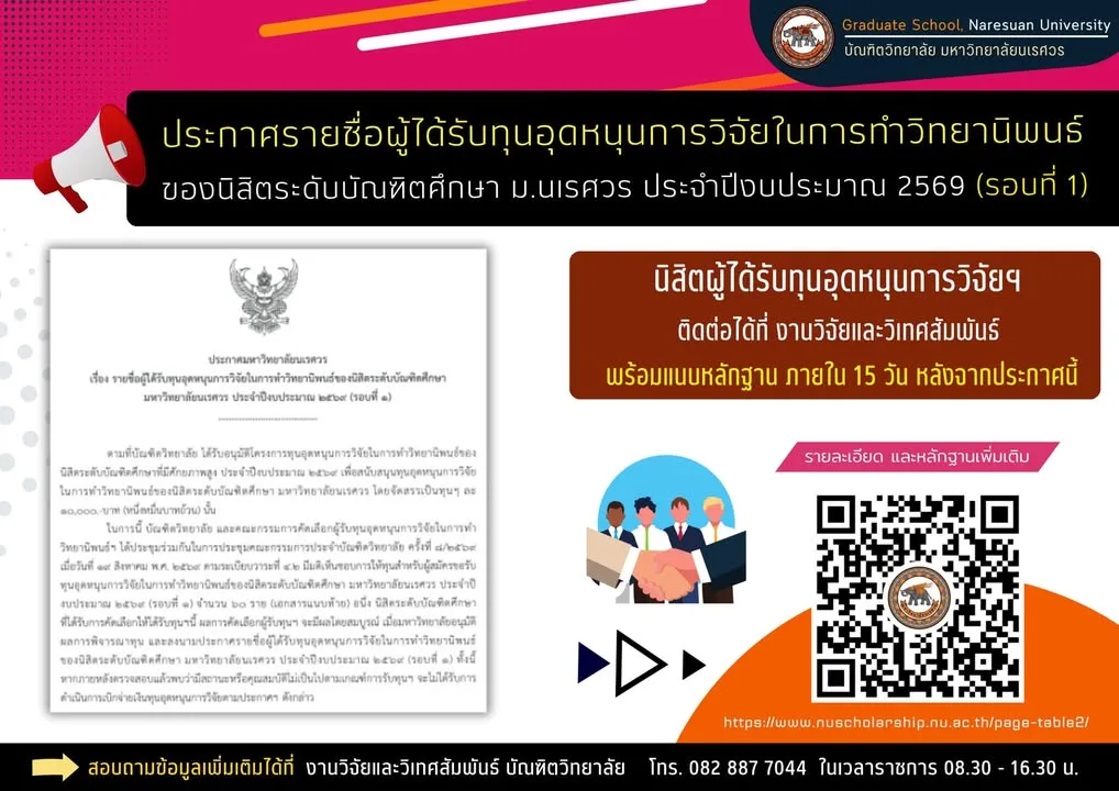 ประกาศรายชื่อผู้ได้รับทุนอุดหนุนการวิจัยในการทำวิทยานิพนธ์ ระดับบัณฑิตศึกษา ม.นเรศวร ประจำปีงบประมาณ 2569 (รอบที่ 1)