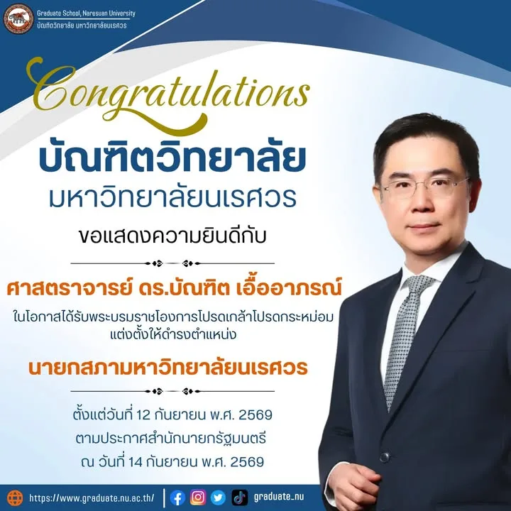 The Graduate School of Naresuan University congratulates Prof. Dr. Bundit Euayaporn on the opportunity to serve as President of the Naresuan University Council.