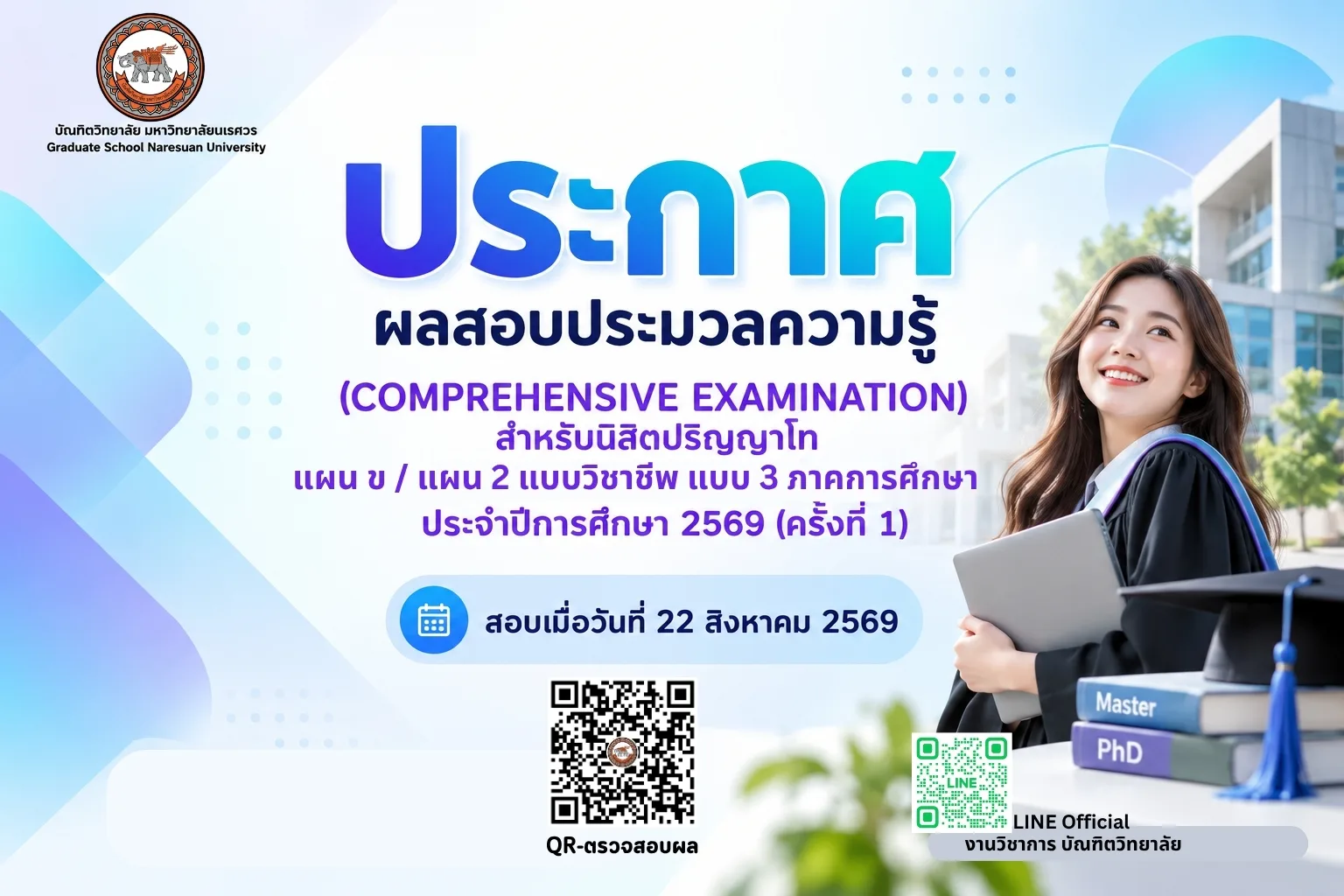 ประกาศผลสอบประมวลความรู้ ปริญญาโท แผน ข/แผน 2 แบบวิชาชีพ ครั้งที่ 1 ปีการศึกษา 2569