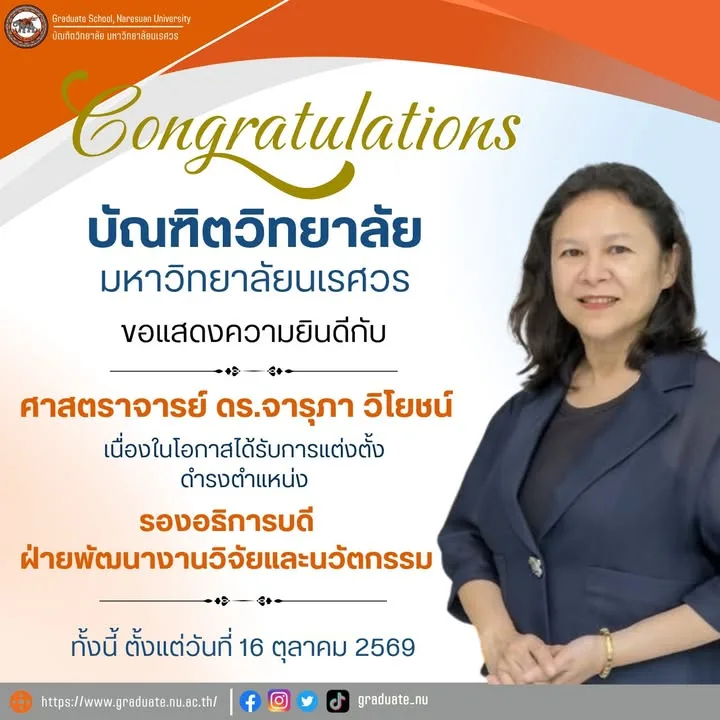 ขอแสดงความยินดีกับ ศ.ดร.จารุภา วิโยชน์ ในโอกาสดำรงตำแหน่งรองอธิการบดีฝ่ายพัฒนางานวิจัยและนวัตกรรม
